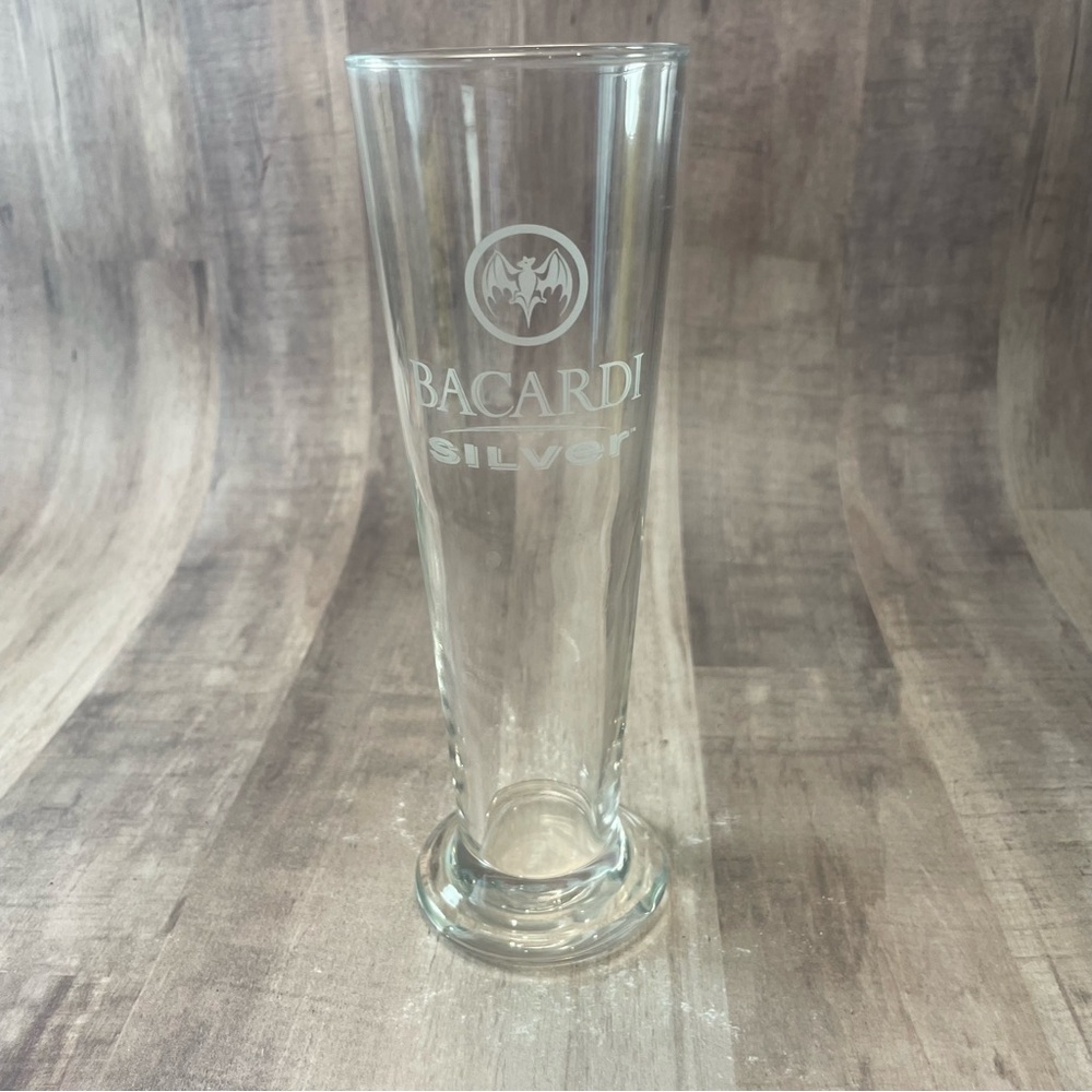 Footed Bacardi Silver Glass 7.25" Tall Skinny Cocktail Glass Etched